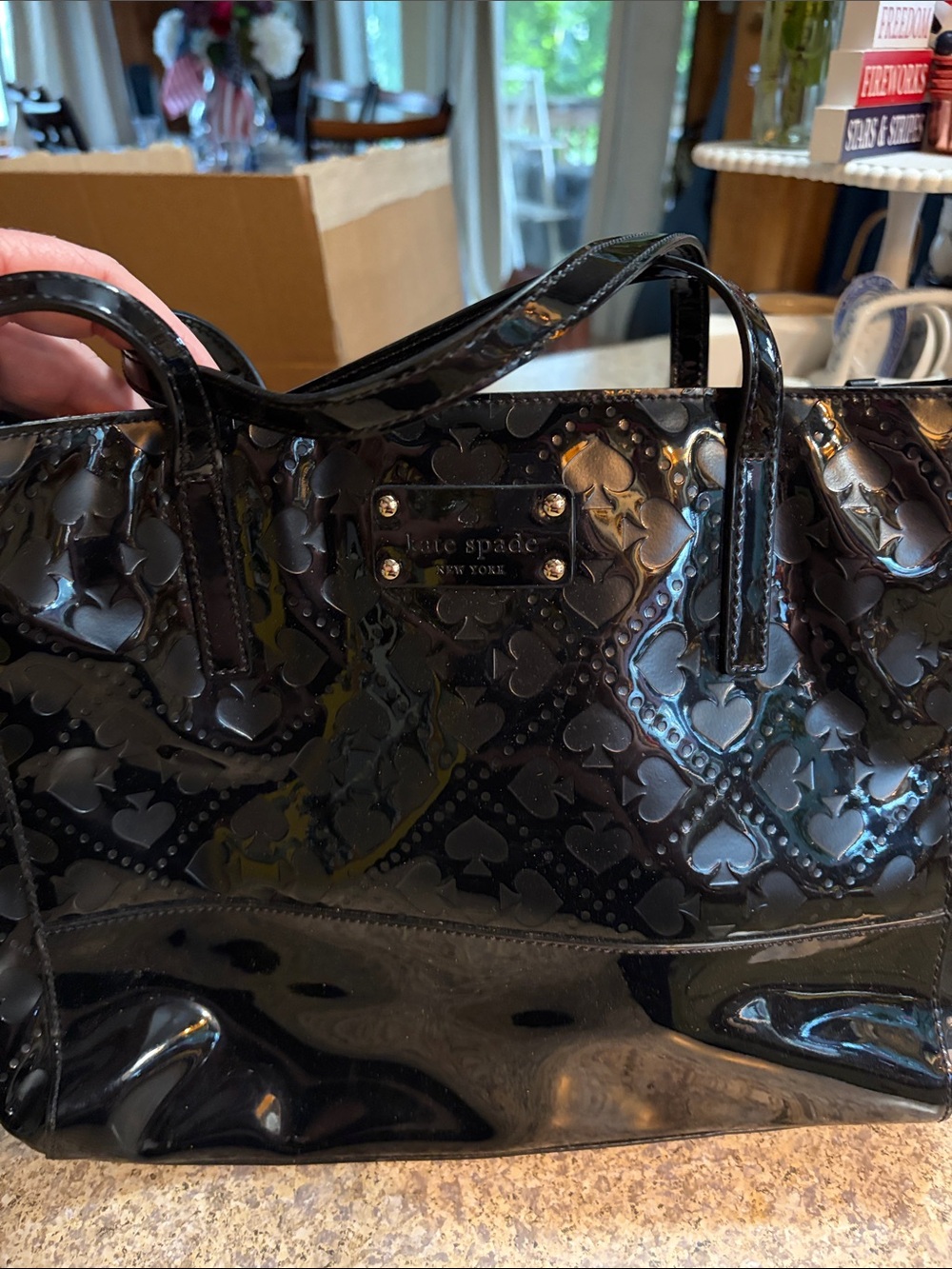 kate spade Black Patent Quilted Heart & Spade Tote
